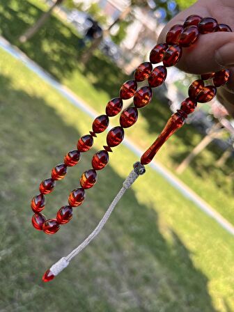 Bordo Ateş Kehribar  33 Taneli Tesbih 32 cm Arpa Kesim Orta BoyMetal Kazaz Püskül AT33090.030623