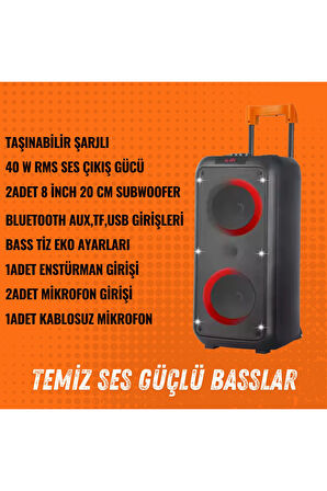 1095 Karaoke Kablosuz Mikrofonlu Bluetooth Hoparlör Led Işıklı Taşınabilir Kablosuz Speaker 2*8 inc Karaoke