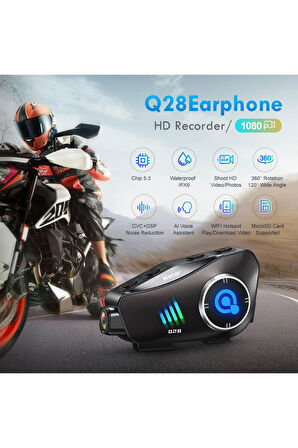 Q28 Dynego Motosiklet Kask Bluetooth Kulaklık 1080p Kamera Interkom Kulaklık Su Geçirmez Intercom