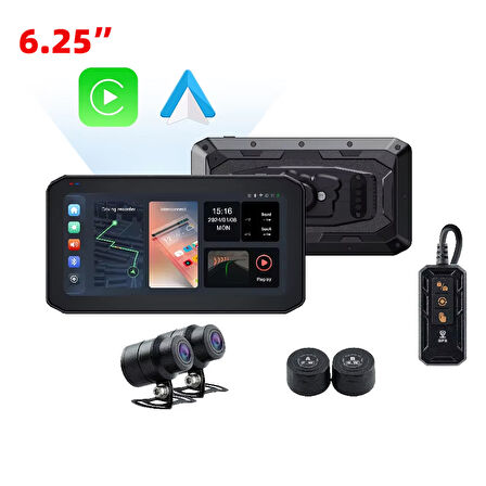 Motosiklet Ekran CarPlay Android Auto Ön ve Arka Kamera Kayıt Özellikli Lastik Sensörlü Multimedya
