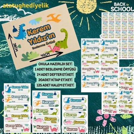 Kişiye Özel Dinozor Konseptli Okula Hazırlık Seti - İsimli Parlak Etiket ve Beslenme Örtüsü