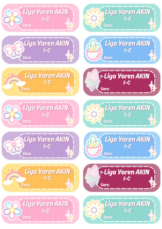 14 Adet Parlak Kuşe Okul Etiketi - İsim Yazılı ve Ders Alanlı, Kesimli A4 Sticker