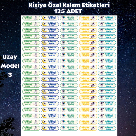 Kişiye Özel Uzay Temalı Kalem Etiketi 125 Adet - İsim Yazılı Sticker