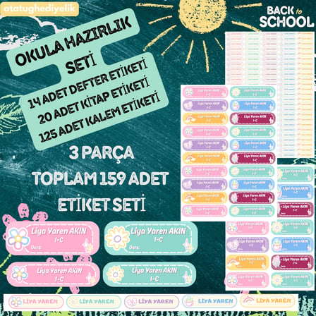 İsme Özel Okul Etiket Seti (159 Adet) - Parlak Kuşe Kesimli Defter Kitap Kalem Sticker
