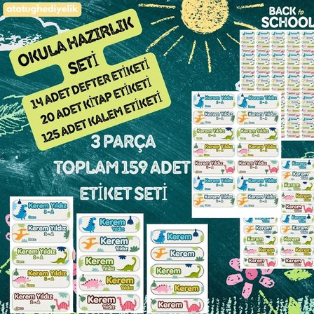 159 Parça Okula Hazırlık Etiket Seti - Kişiye Özel Kitap, Defter ve Kalem Etiketi (Dinozor Temalı)