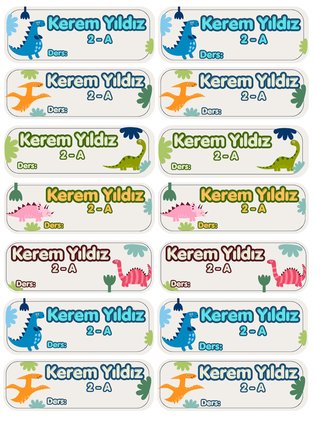 159 Parça Okula Hazırlık Etiket Seti - Kişiye Özel Kitap, Defter ve Kalem Etiketi (Dinozor Temalı)