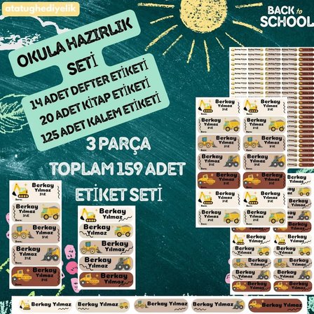 159 Parça Okula Hazırlık Etiket Seti - Kişiye Özel Kitap, Defter ve Kalem Etiketi (İnşaat Temalı)