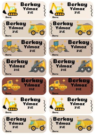 159 Parça Okula Hazırlık Etiket Seti - Kişiye Özel Kitap, Defter ve Kalem Etiketi (İnşaat Temalı)