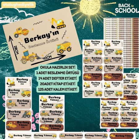 4'lü Okula Hazırlık Seti - Kişiye Özel İnşaat Temalı Beslenme Örtüsü ve 159 Parça Etiket Seti