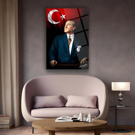 Mustafa Kemal Atatürk ve Türk Bayrağı Cam Tablo | Renkli Portre ve İmza - ATA120
