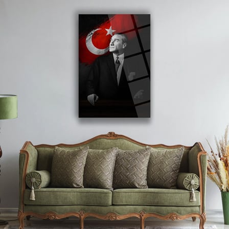 Atatürk Türk Bayrağı Temalı Siyah Fon Cam Tablo – ATA132
