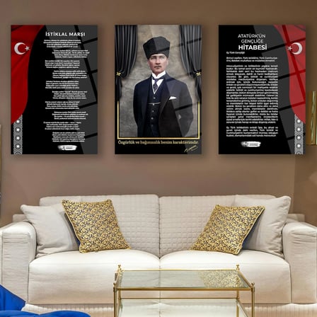 Atatürk 3’lü Türk Bayrağı Cam Tablo Seti – ATA176