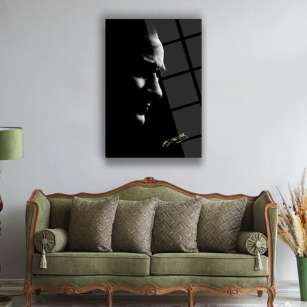 Atatürk Siyah Beyaz Minimalist Silüet Cam Tablo – ATA226