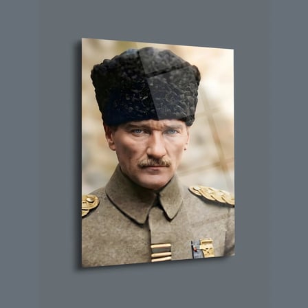 Mustafa Kemal Atatürk Kalpaklı Yakın Plan Portre Cam Tablo – ATA295