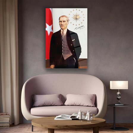 Mustafa Kemal Atatürk Cumhurbaşkanlığı Sembolü ve İmza Detaylı Cam Tablo – ATA303