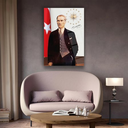 Mustafa Kemal Atatürk Cumhurbaşkanlığı Sembolü ve İmza Detaylı Cam Tablo – ATA303