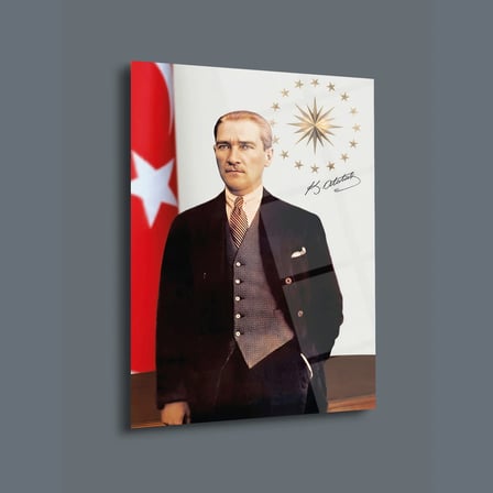 Mustafa Kemal Atatürk Cumhurbaşkanlığı Sembolü ve İmza Detaylı Cam Tablo – ATA303