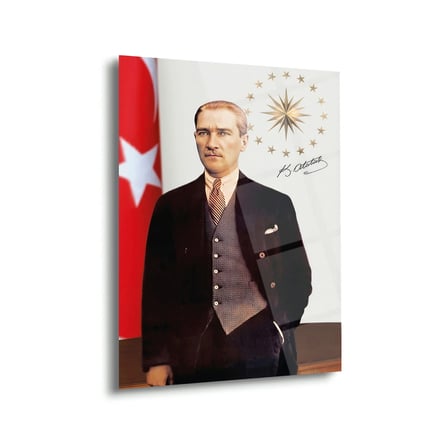 Mustafa Kemal Atatürk Cumhurbaşkanlığı Sembolü ve İmza Detaylı Cam Tablo – ATA303