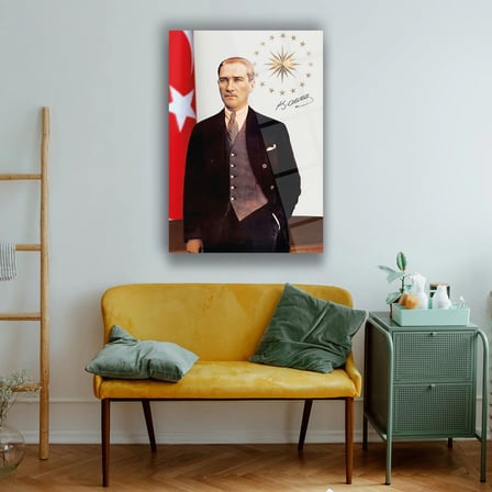 Mustafa Kemal Atatürk Cumhurbaşkanlığı Sembolü ve İmza Detaylı Cam Tablo – ATA303