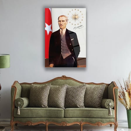 Mustafa Kemal Atatürk Cumhurbaşkanlığı Sembolü ve İmza Detaylı Cam Tablo – ATA303