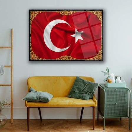 Altın Çerçeveli Türk Bayrağı Cam Tablo – ATA320