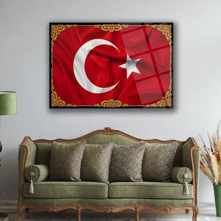 Altın Çerçeveli Türk Bayrağı Cam Tablo – ATA320