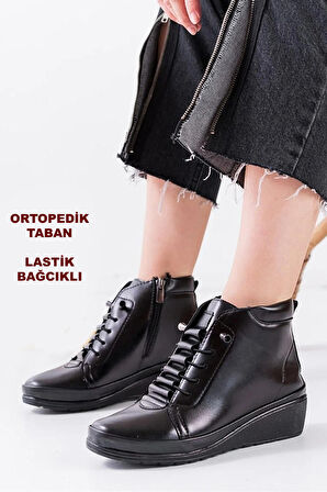 140 Ortopedik Taban Cırtlı Siyah Anne Botu Kadın Bot Postal Çizme 