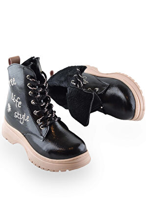 258 Ortopedik Bağcıklı Fermuarlı Kız Siyah Çocuk Bot Ayakkabı Kürklü Kız Çocuk Bot 