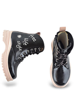 258 Ortopedik Bağcıklı Fermuarlı Kız Siyah Çocuk Bot Ayakkabı Kürklü Kız Çocuk Bot 