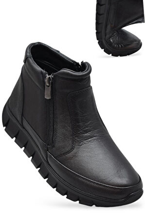 3707 Tam Ortopedik Siyah Hakiki Deri Kadın Bot Ayakkabı Çift Fermuarlı Anne Bot 