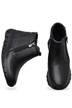 3707 Tam Ortopedik Siyah Hakiki Deri Kadın Bot Ayakkabı Çift Fermuarlı Anne Bot 