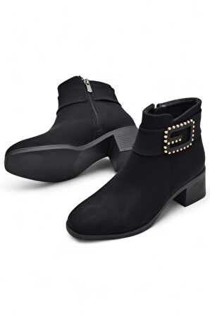 6592 Günlük Fermuarlı Kadın Topuklu Bot Ayakkabı Nubuk Siyah Klasik Topuklu Bot 
