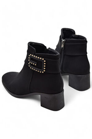 6592 Günlük Fermuarlı Kadın Topuklu Bot Ayakkabı Nubuk Siyah Klasik Topuklu Bot 