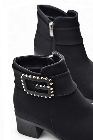 6592 Günlük Fermuarlı Kadın Topuklu Bot Ayakkabı Nubuk Siyah Klasik Topuklu Bot 