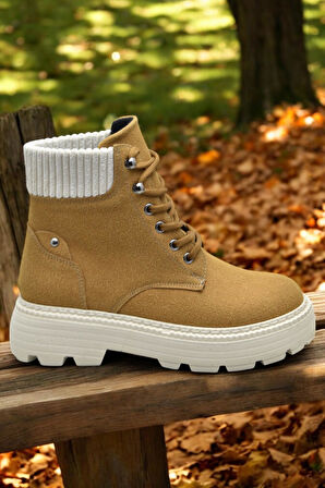 778 Günlük Bağcıklı Fermuarlı Kadın Bot Ayakkabı Kışlık Kadın Bot Nubuk Malzeme