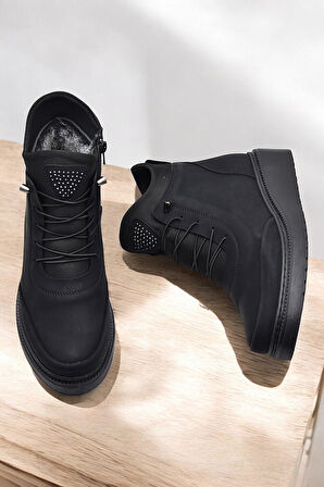 211 Zümrüt  Ortopedik Taban Lastik Bağcıklı Fermuarlı İçi Kürklü Siyah Kadın Bot Ayakkabı