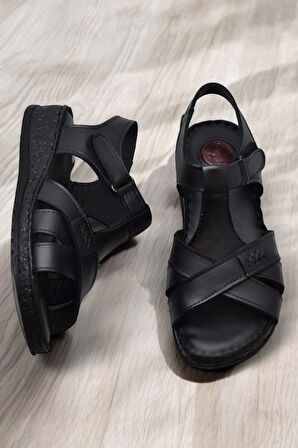 203 TAM ORTOPEDİK Hakiki Deri Kadın Sandalet Topuk Jel Taban Kadın Deri Sandalet