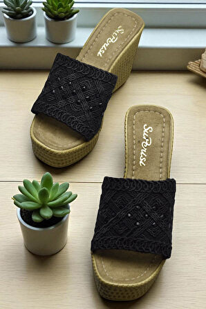 2503 10.5 cm Dolgu Topuklu Kadın Terlik Ayakkabı Düğün Nişan Abiye Kadın Ayakkabısı