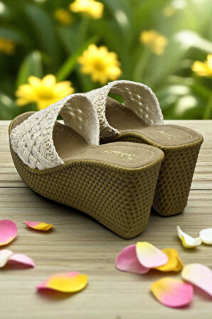 2503 10.5 cm Dolgu Topuklu Kadın Terlik Ayakkabı Düğün Nişan Abiye Kadın Ayakkabısı