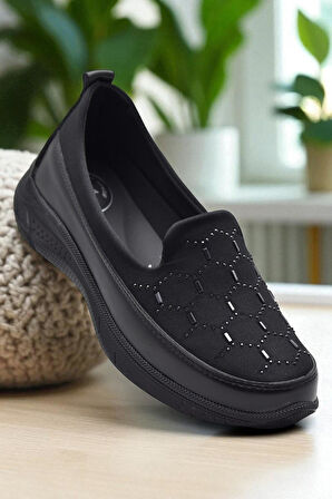 100 Streçli Taşlı Ortopedik Taban Günlük Kadın Ayakkabı Babet Casual Günlük Ayakkabı