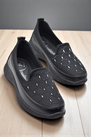 100 Streçli Taşlı Ortopedik Taban Günlük Kadın Ayakkabı Babet Casual Günlük Ayakkabı