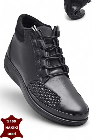 1454 Tam Ortopedik Siyah Hakiki Deri Kadın Bot Lastikli Fermuarlı Anne Kışlık Deri Bot