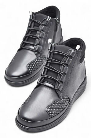 1454 Tam Ortopedik Siyah Hakiki Deri Kadın Bot Lastikli Fermuarlı Anne Kışlık Deri Bot