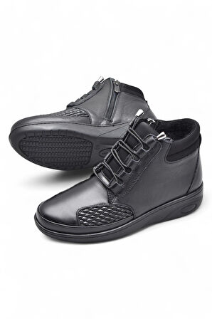 1454 Tam Ortopedik Siyah Hakiki Deri Kadın Bot Lastikli Fermuarlı Anne Kışlık Deri Bot