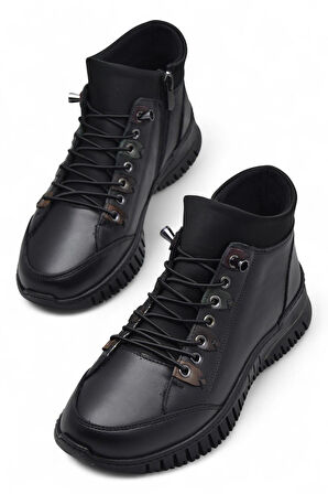 1988 Tam Ortopedik Siyah Hakiki Deri Kadın Bot Lastikli Fermuarlı Kışlık Anne Deri Bot