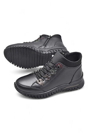 1988 Tam Ortopedik Siyah Hakiki Deri Kadın Bot Lastikli Fermuarlı Kışlık Anne Deri Bot