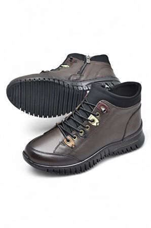 1988 Tam Ortopedik Kahverengi Hakiki Deri Kadın Bot Lastikli Fermuarlı Kışlık Anne Deri Bot