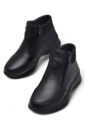 1456 Tam Ortopedik Siyah Hakiki Deri Kadın Bot Çift Fermuarlı Anne Kışlık Deri Bot