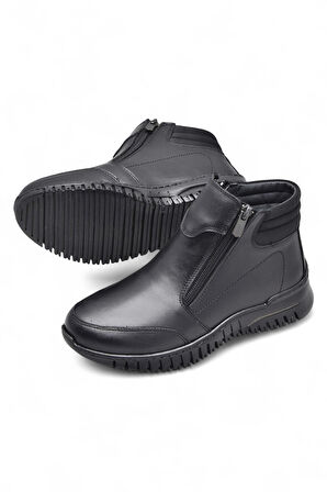 1456 Tam Ortopedik Siyah Hakiki Deri Kadın Bot Çift Fermuarlı Anne Kışlık Deri Bot