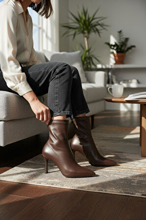 564FD Günlük Fermuarlı Kadın Topuklu Bot Ayakkabı İnce Topuk Klasik Topuklu Bot 